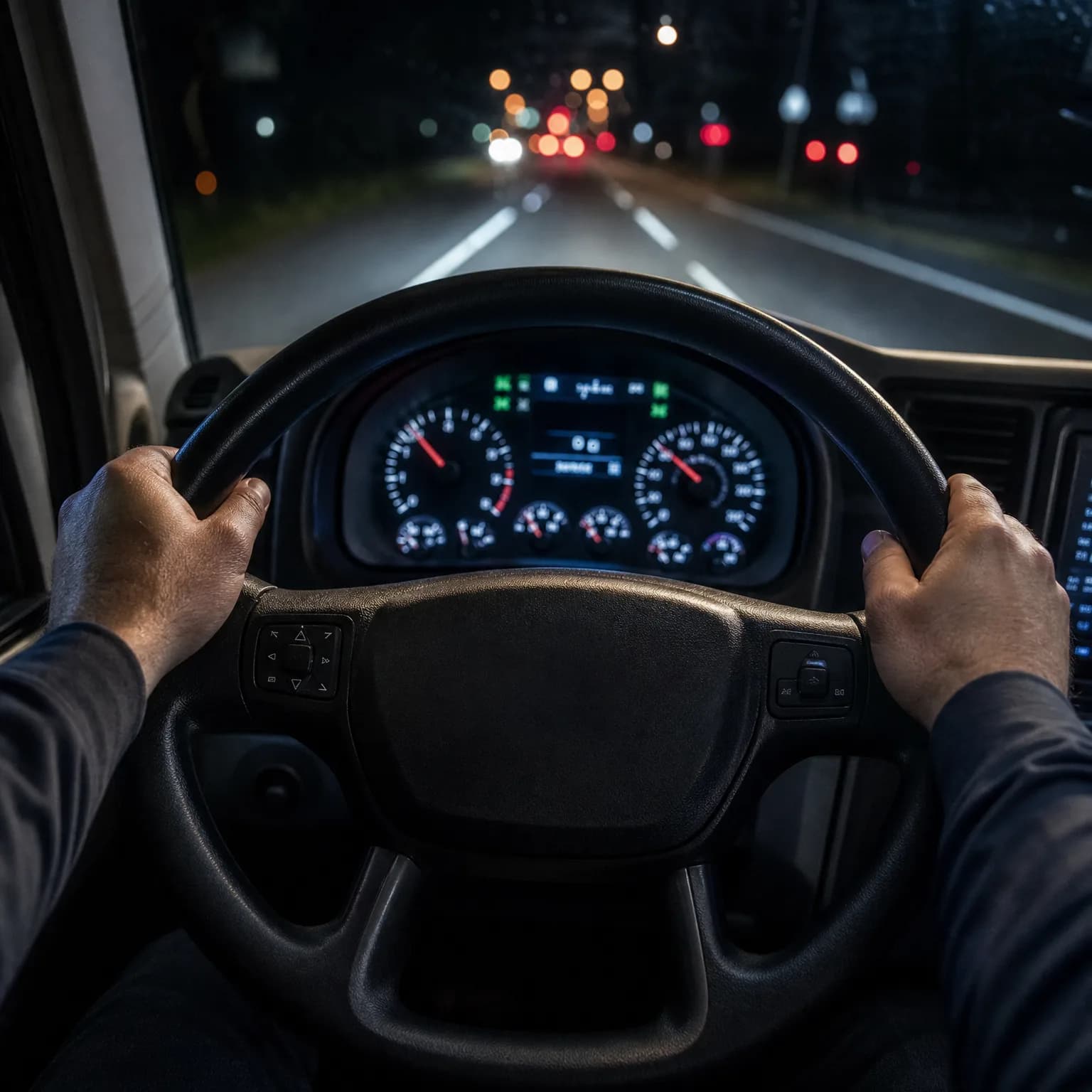 Driver's point of view at night, with two hands gripping a steering wheel in front of an illuminated instrument cluster and a dark road with oncoming lights through the windshield.