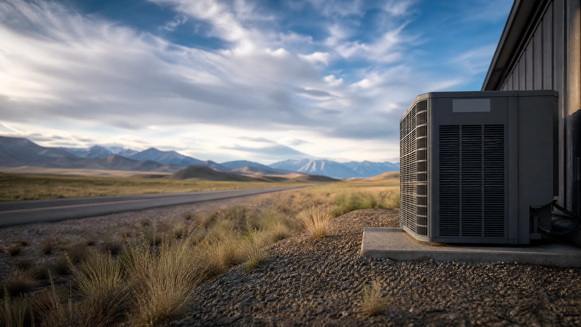 An outdoor air conditioner condenser unit on a concrete pad beside a metal-clad building, with gravel, dry grass, a road, and snow-capped mountains under a cloudy sky.