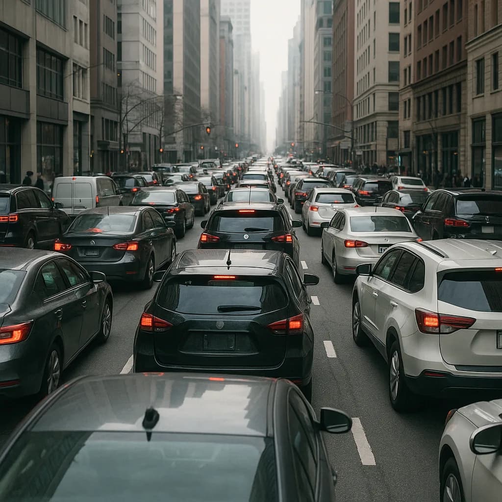 Heavy traffic congestion on multi-lane city street with cars and tall buildings in foggy urban environment